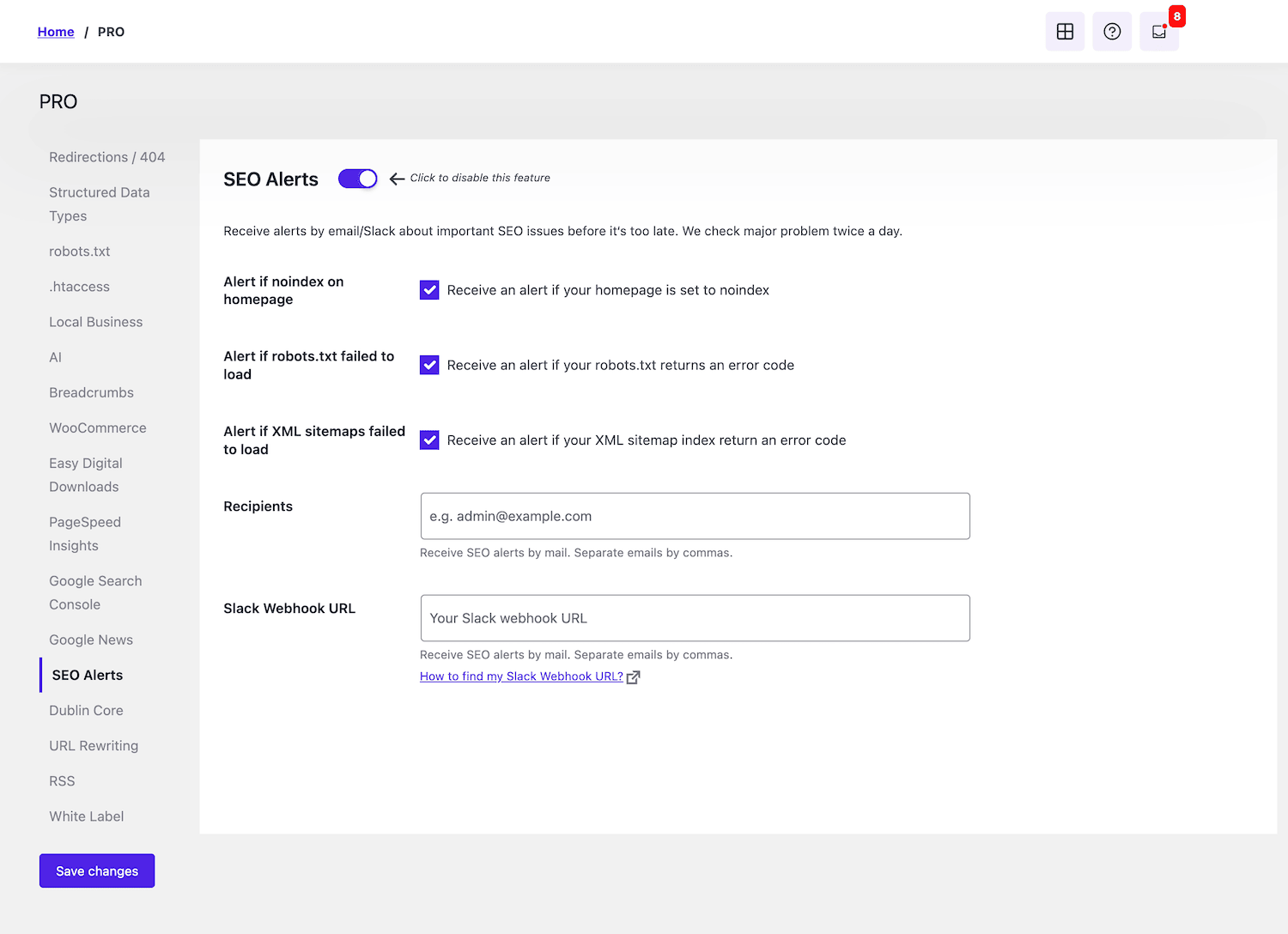 SEO alerts dashboard